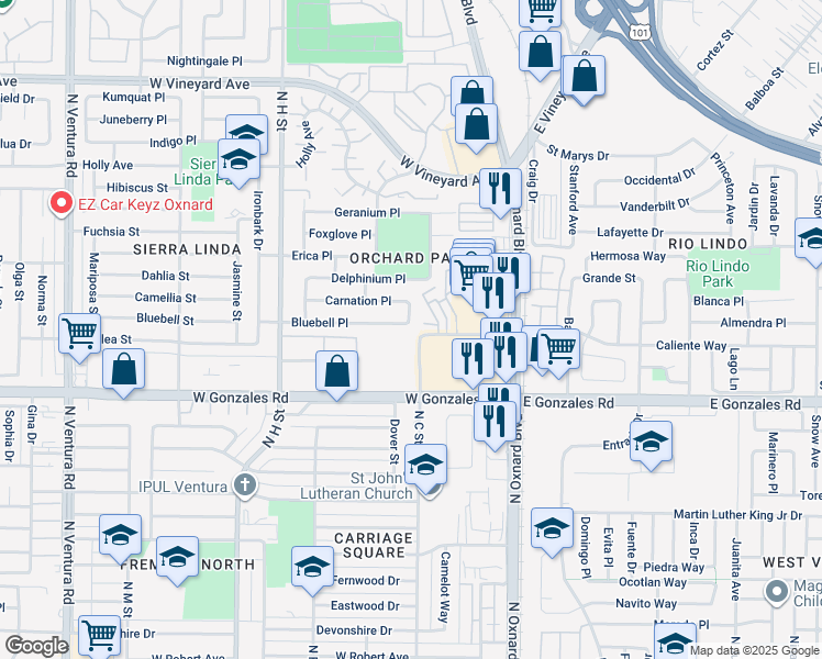 map of restaurants, bars, coffee shops, grocery stores, and more near 400 Bluebell Place in Oxnard