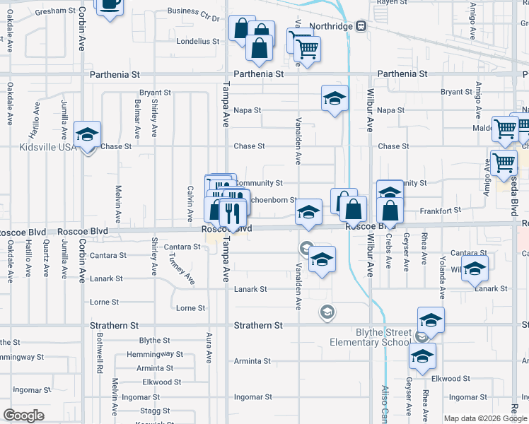 map of restaurants, bars, coffee shops, grocery stores, and more near 8326 Beckford Avenue in Los Angeles