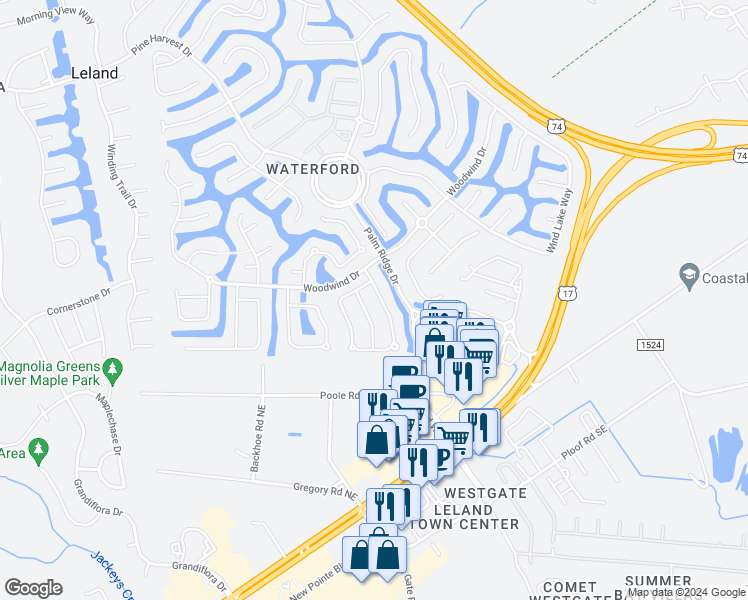 map of restaurants, bars, coffee shops, grocery stores, and more near 1011 Garden Club Way in Leland