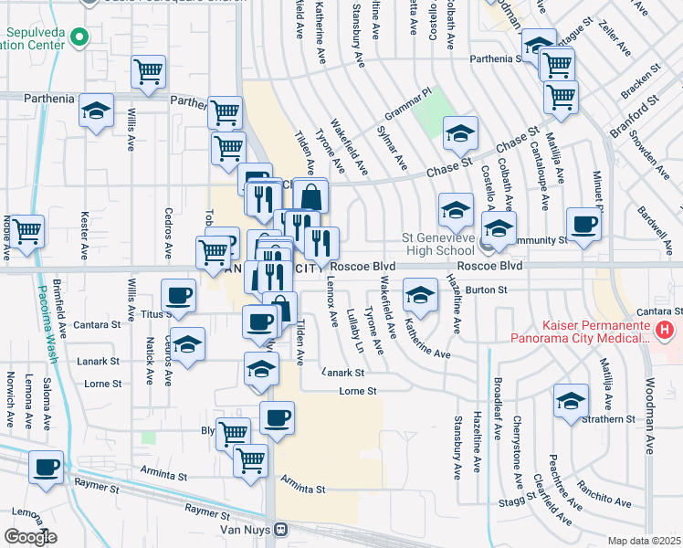 map of restaurants, bars, coffee shops, grocery stores, and more near 14324 Roscoe Boulevard in Los Angeles