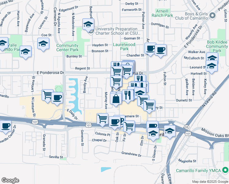 map of restaurants, bars, coffee shops, grocery stores, and more near 452 Rowland Avenue in Camarillo