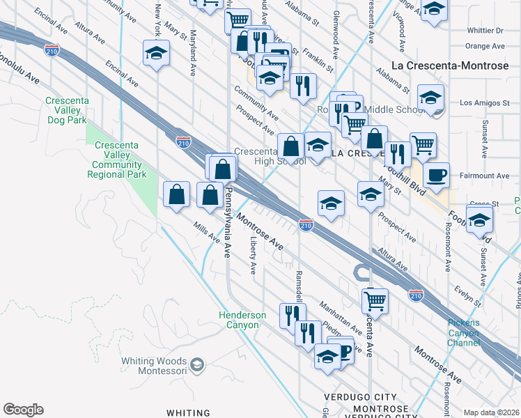map of restaurants, bars, coffee shops, grocery stores, and more near 44 Northwoods Lane in Glendale