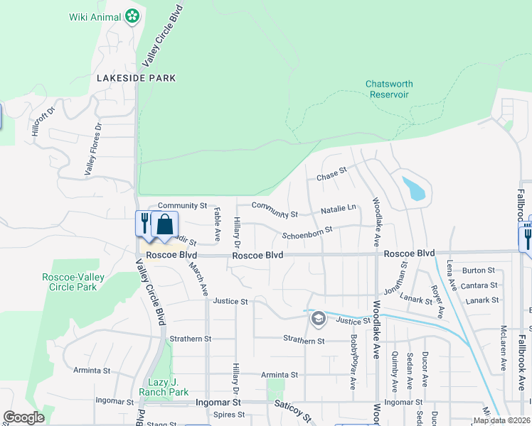 map of restaurants, bars, coffee shops, grocery stores, and more near 23512 Community Street in Los Angeles