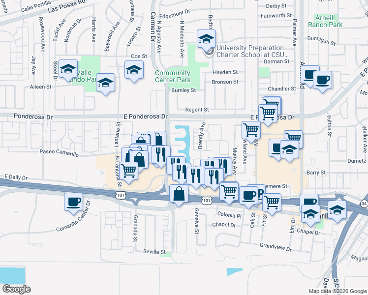 map of restaurants, bars, coffee shops, grocery stores, and more near 1688 Dockside Lane in Camarillo