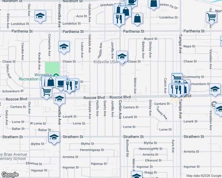 map of restaurants, bars, coffee shops, grocery stores, and more near 8335 Jumilla Avenue in Los Angeles