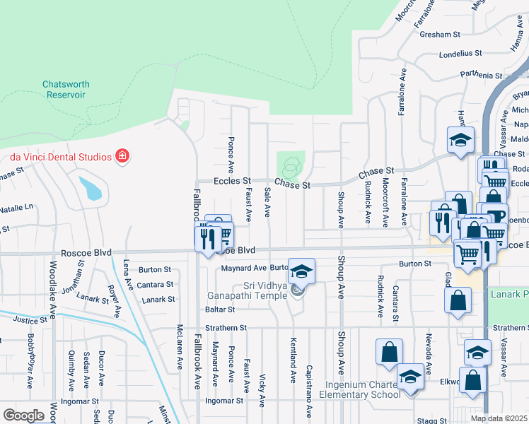 map of restaurants, bars, coffee shops, grocery stores, and more near 8350 Faust Avenue in Los Angeles