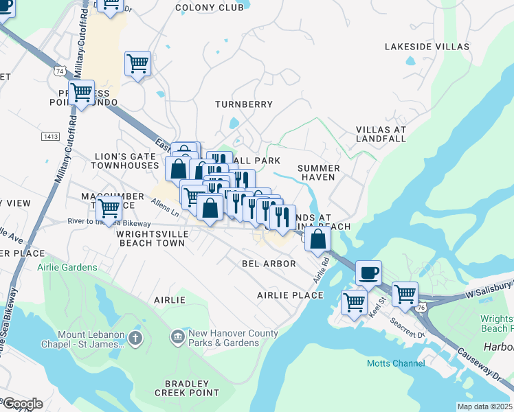 map of restaurants, bars, coffee shops, grocery stores, and more near 2020 Eastwood Road in Wilmington