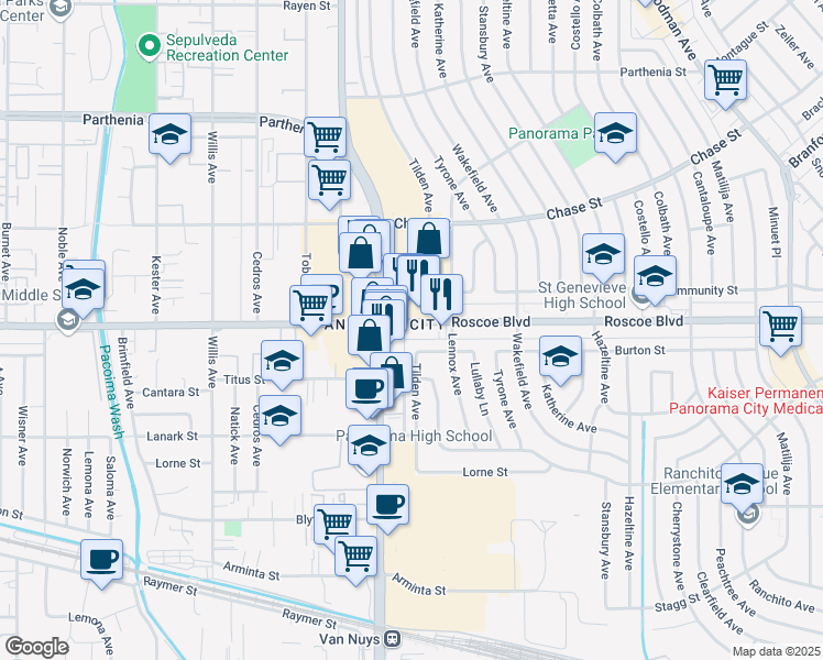 map of restaurants, bars, coffee shops, grocery stores, and more near 14417 Burton Street in Los Angeles
