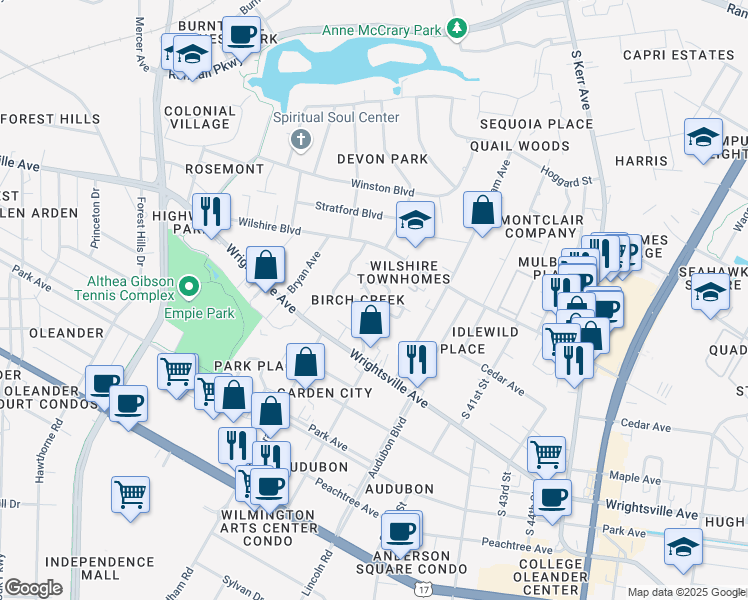 map of restaurants, bars, coffee shops, grocery stores, and more near 2007 Albert Circle in Wilmington