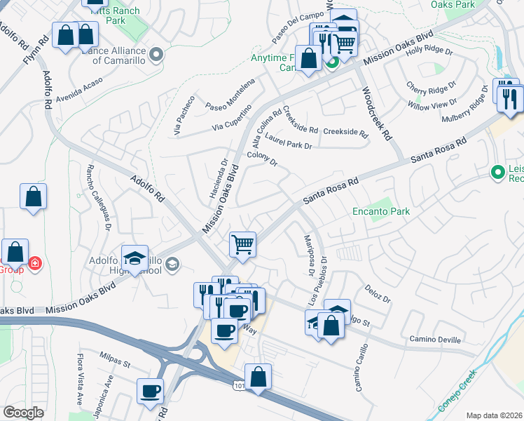 map of restaurants, bars, coffee shops, grocery stores, and more near 5039 Galano Drive in Camarillo