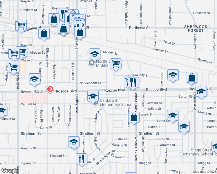 map of restaurants, bars, coffee shops, grocery stores, and more near 8308 Zelzah Avenue in Los Angeles