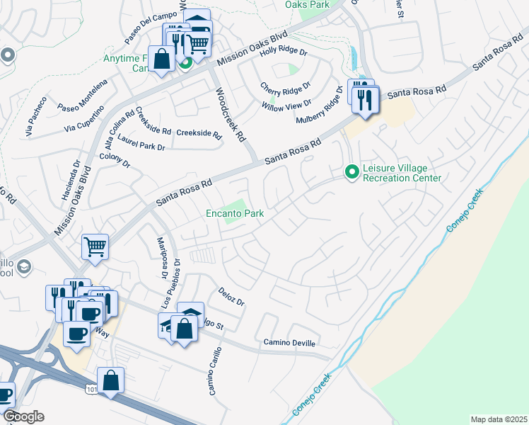map of restaurants, bars, coffee shops, grocery stores, and more near 7107 Village 7 in Camarillo