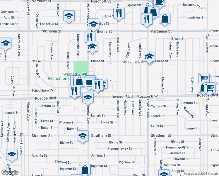map of restaurants, bars, coffee shops, grocery stores, and more near 8348 Penfield Avenue in Los Angeles