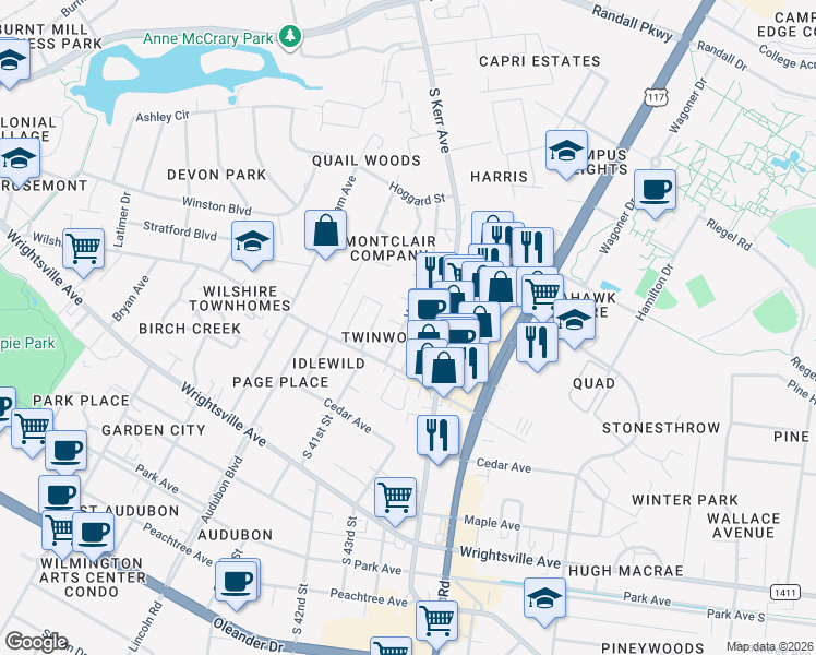 map of restaurants, bars, coffee shops, grocery stores, and more near 803 Varsity Drive in Wilmington