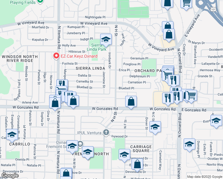 map of restaurants, bars, coffee shops, grocery stores, and more near 2020 Ironbark Drive in Oxnard