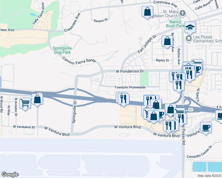 map of restaurants, bars, coffee shops, grocery stores, and more near 352 Townsite Promenade in Camarillo
