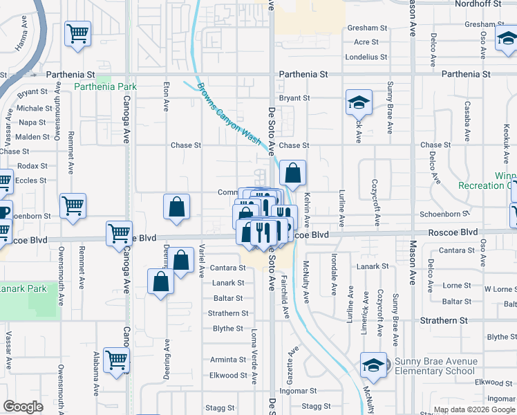map of restaurants, bars, coffee shops, grocery stores, and more near 20920 Community Street in Los Angeles