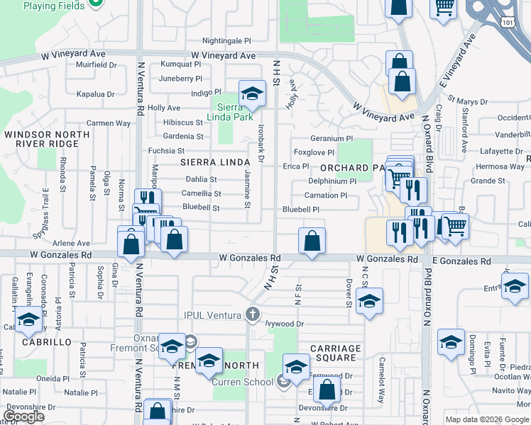 map of restaurants, bars, coffee shops, grocery stores, and more near 2020 Ironbark Drive in Oxnard