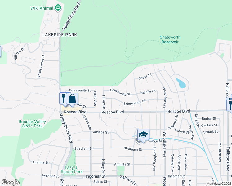 map of restaurants, bars, coffee shops, grocery stores, and more near 23512 Community Street in Los Angeles