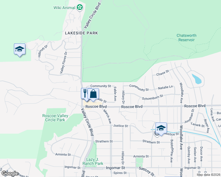 map of restaurants, bars, coffee shops, grocery stores, and more near 23642 Community Street in Los Angeles
