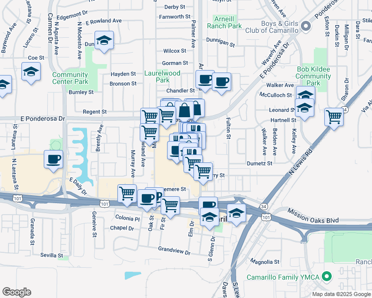 map of restaurants, bars, coffee shops, grocery stores, and more near 2180 Pickwick Drive in Camarillo