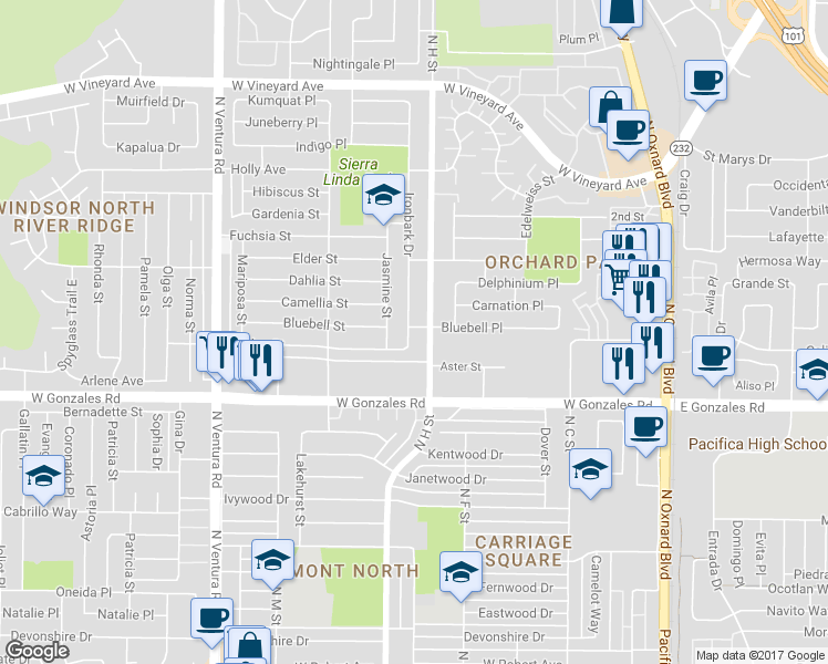 map of restaurants, bars, coffee shops, grocery stores, and more near 2020 Ironbark Drive in Oxnard