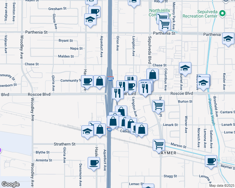 map of restaurants, bars, coffee shops, grocery stores, and more near Roscoe Blvd & Orion Ave in Los Angeles