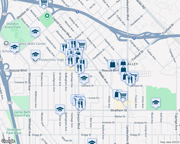 map of restaurants, bars, coffee shops, grocery stores, and more near 12011 Burton Street in Los Angeles