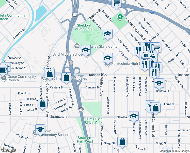 map of restaurants, bars, coffee shops, grocery stores, and more near 8240 Babcock Avenue in Los Angeles
