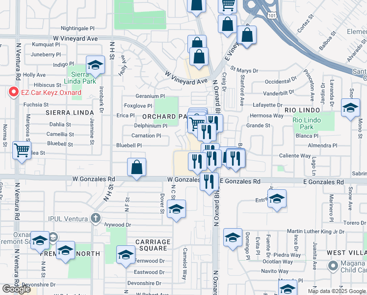 map of restaurants, bars, coffee shops, grocery stores, and more near 301 West Gonzales Road in Oxnard
