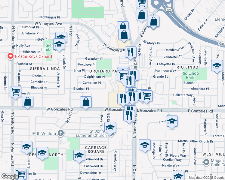 map of restaurants, bars, coffee shops, grocery stores, and more near 400 Bluebell Place in Oxnard