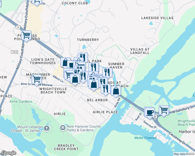 map of restaurants, bars, coffee shops, grocery stores, and more near 101 Canal Street in Wilmington