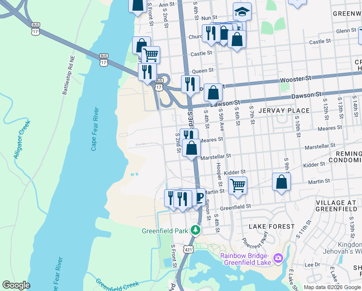 map of restaurants, bars, coffee shops, grocery stores, and more near 1106 South 2nd Street in Wilmington