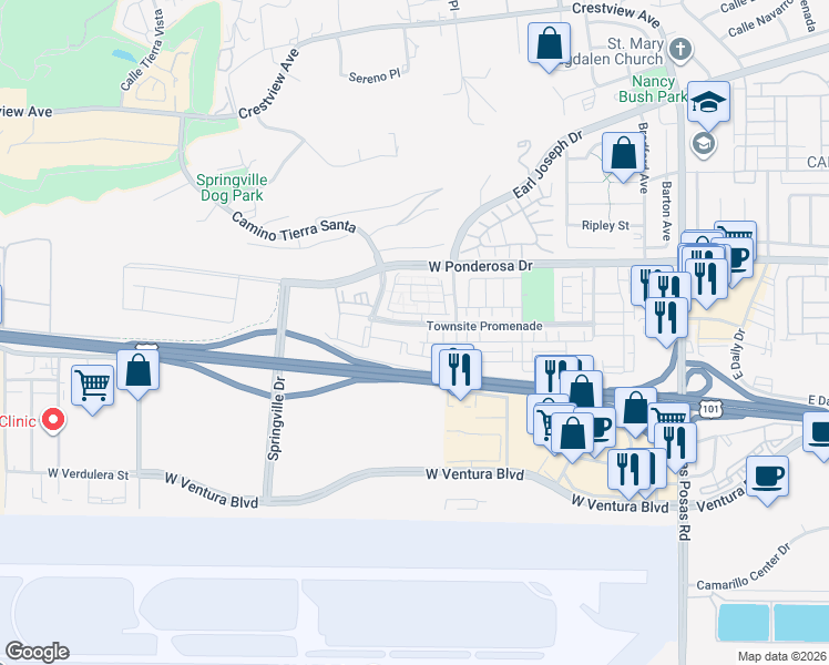 map of restaurants, bars, coffee shops, grocery stores, and more near 376 Townsite Promenade in Camarillo