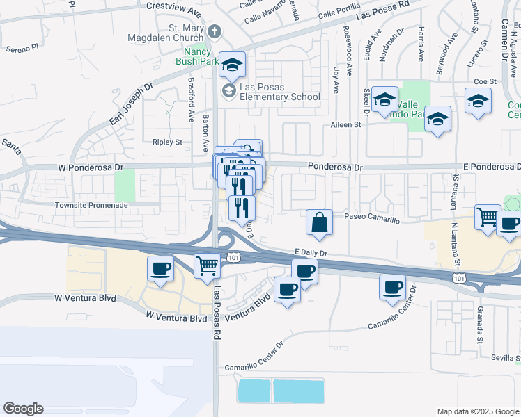 map of restaurants, bars, coffee shops, grocery stores, and more near 520 East Daily Drive in Camarillo