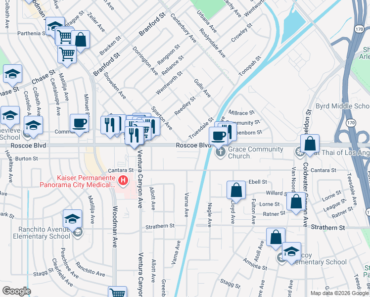 map of restaurants, bars, coffee shops, grocery stores, and more near 13400 Roscoe Boulevard in Los Angeles