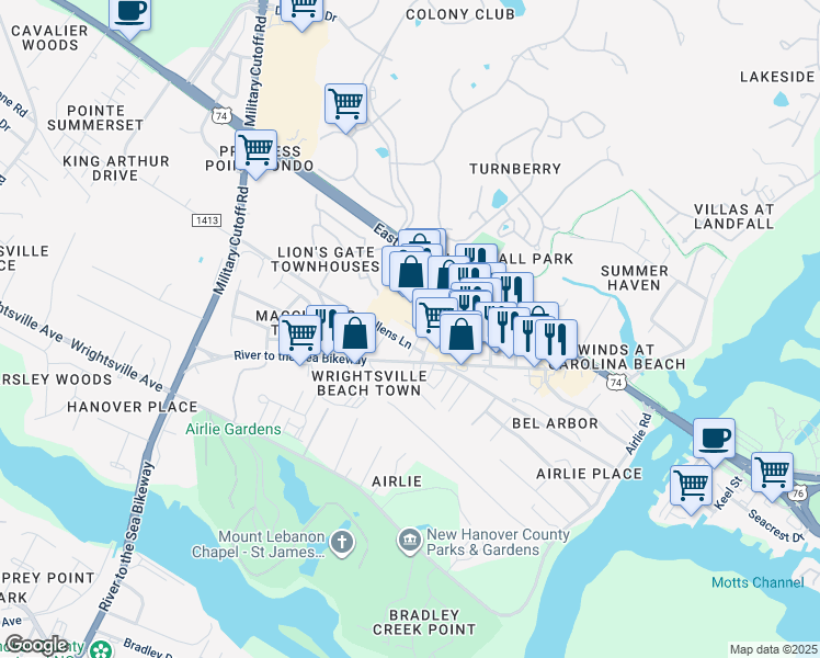 map of restaurants, bars, coffee shops, grocery stores, and more near 1723 Tearthumb Court in Wilmington