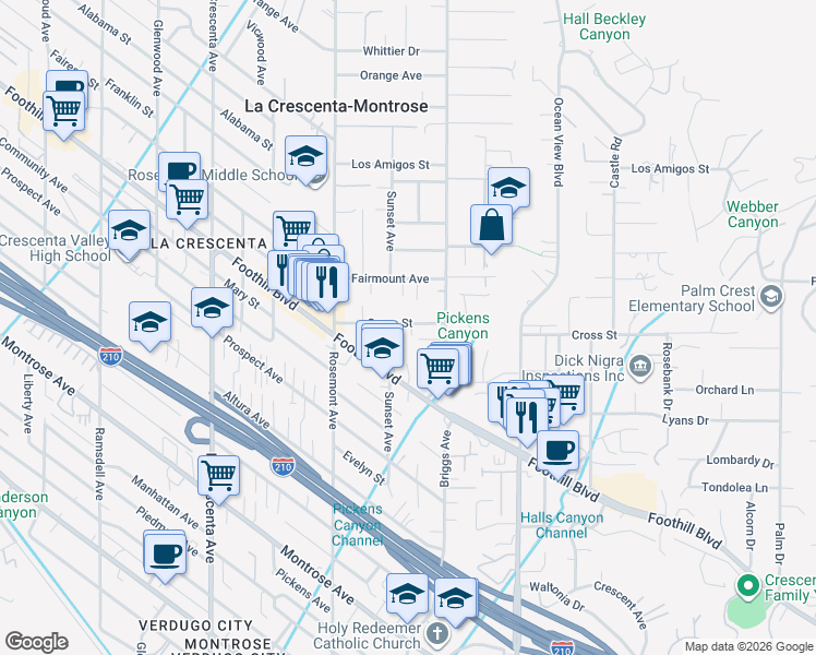 map of restaurants, bars, coffee shops, grocery stores, and more near 2442 Cross Street in La Crescenta-Montrose