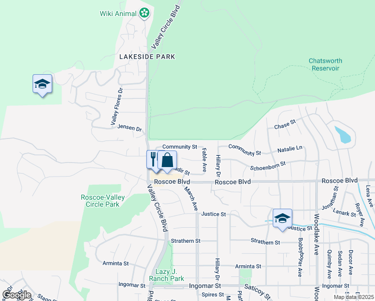map of restaurants, bars, coffee shops, grocery stores, and more near 23664 Community Street in Los Angeles