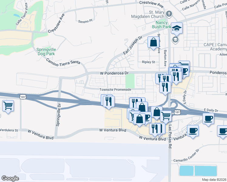 map of restaurants, bars, coffee shops, grocery stores, and more near 260 Townsite Promenade in Camarillo