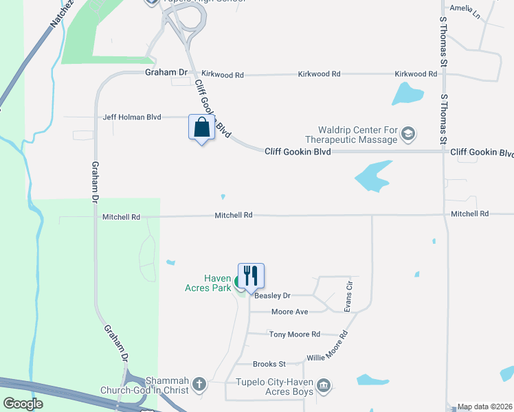 map of restaurants, bars, coffee shops, grocery stores, and more near 3132 Mitchell Road in Tupelo