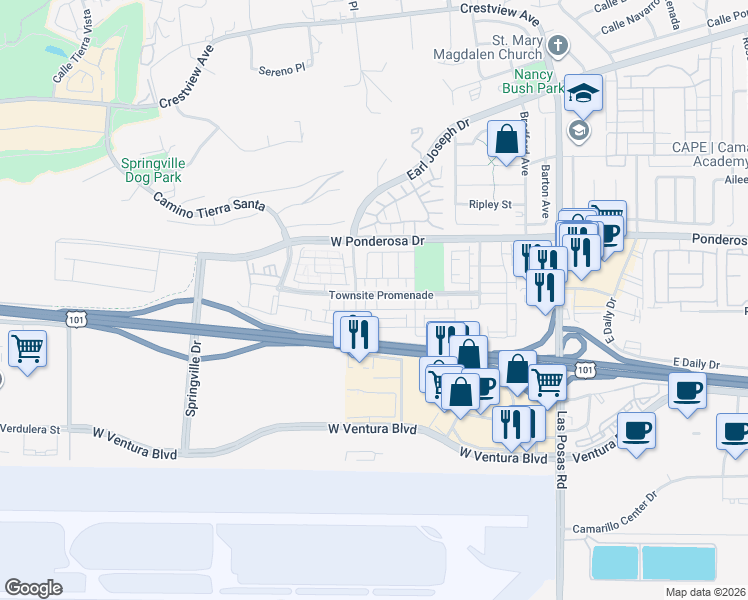 map of restaurants, bars, coffee shops, grocery stores, and more near 260 Townsite Promenade in Camarillo