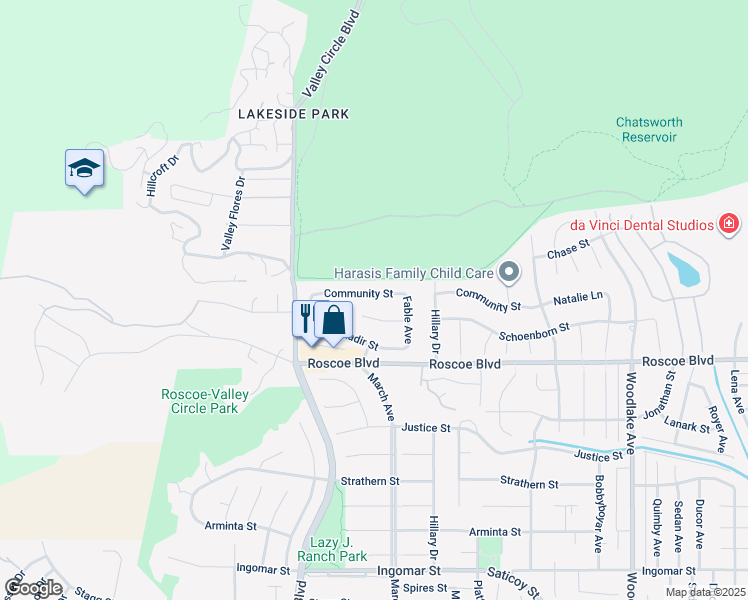 map of restaurants, bars, coffee shops, grocery stores, and more near 23664 Community Street in Los Angeles