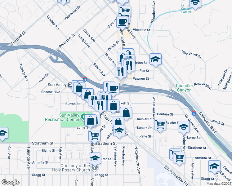 map of restaurants, bars, coffee shops, grocery stores, and more near Roscoe Blvd & Sunland Blvd in Los Angeles