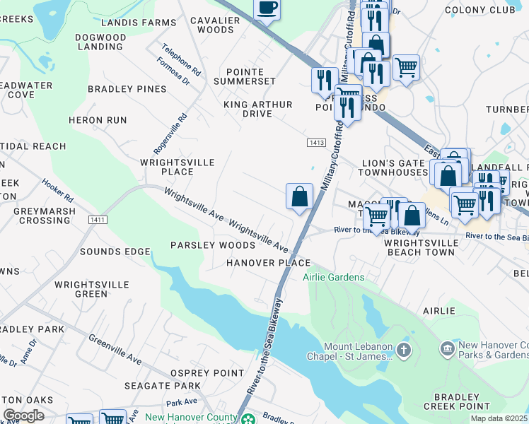 map of restaurants, bars, coffee shops, grocery stores, and more near 6279 Wrightsville Avenue in Wilmington
