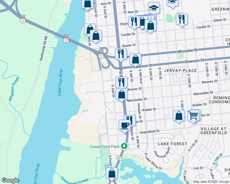 map of restaurants, bars, coffee shops, grocery stores, and more near 1106 South 2nd Street in Wilmington