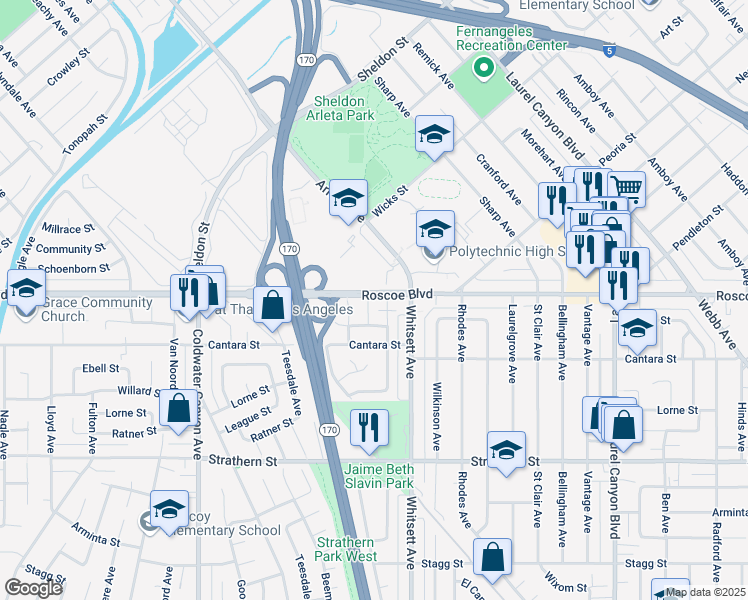 map of restaurants, bars, coffee shops, grocery stores, and more near 8252 Babcock Avenue in Los Angeles