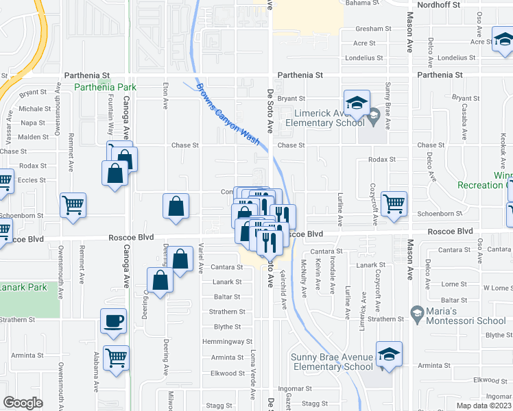 map of restaurants, bars, coffee shops, grocery stores, and more near 20920 Community Street in Los Angeles