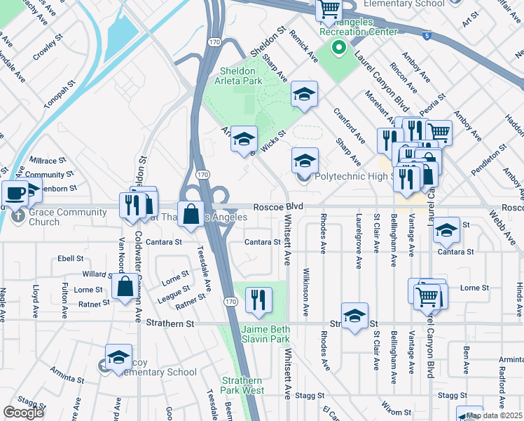 map of restaurants, bars, coffee shops, grocery stores, and more near 8252 Babcock Avenue in Los Angeles