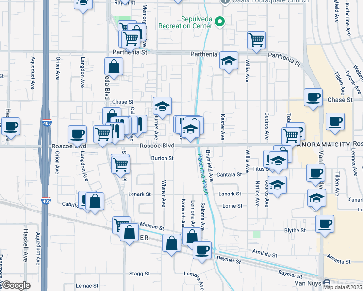 map of restaurants, bars, coffee shops, grocery stores, and more near Roscoe Blvd & Noble Ave in Los Angeles